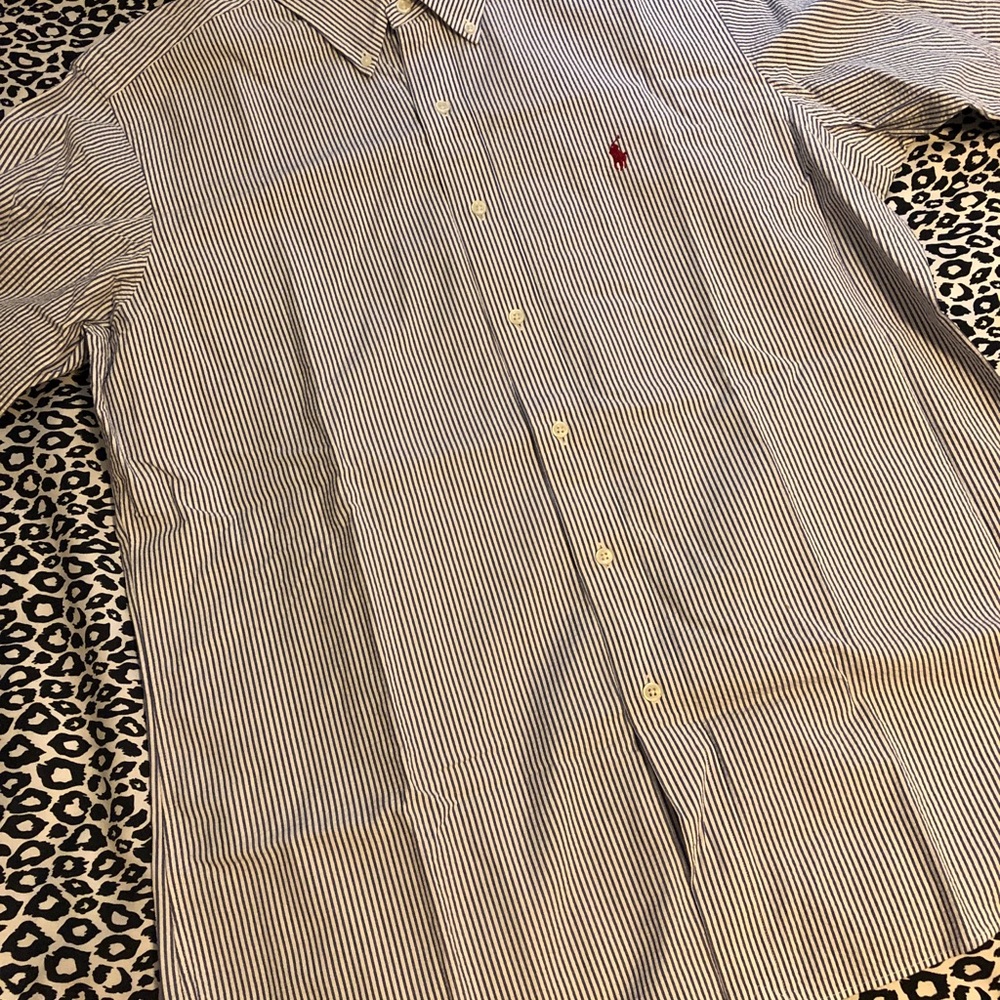 Ralph Lauren seersucker Blue and White Casual Button Down Shirt man L